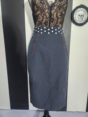 Vintage Baraschi Navy and White Polka Dot Skirt with Pink Bow Accent